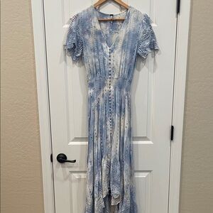Chic Blue High Low Dress with Lace Accents